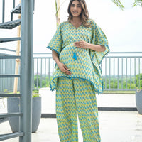 Pista Green Ethnic Print Maternity & Feeding Kaftan Night Suit with Concealed Zipper