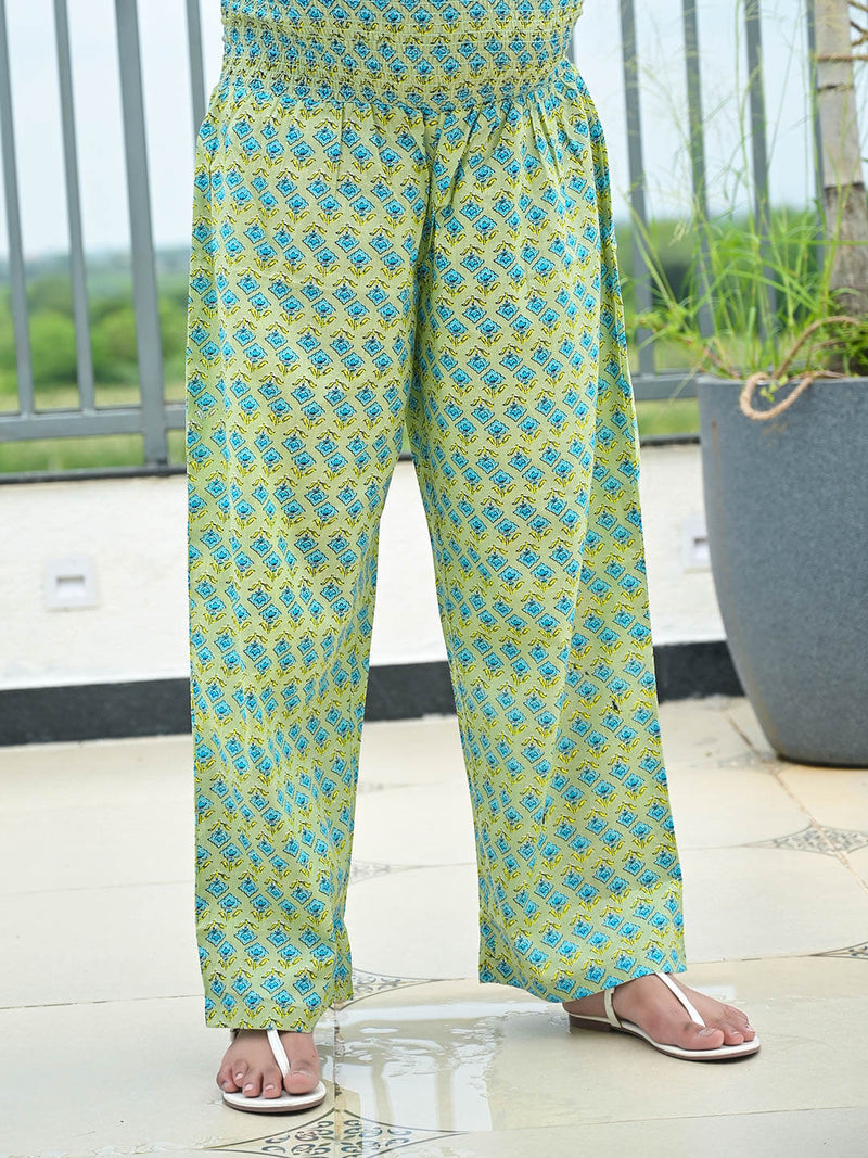 Pista Green Ethnic Print Maternity & Feeding Kaftan Night Suit with Concealed Zipper