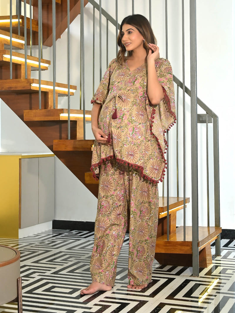 Beige Ethnic Print Maternity & Feeding Kaftan Night Suit with Concealed Zipper
