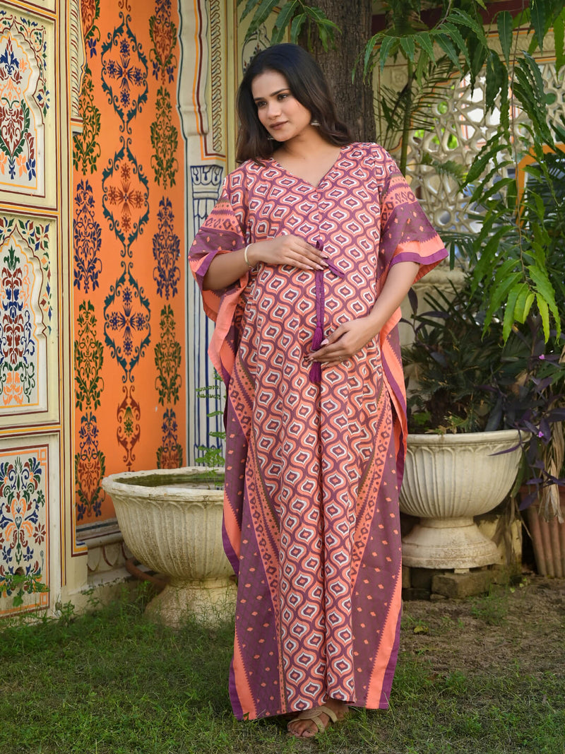Peach Purple Geometric Print Maternity & Feeding Kaftan Dress with Concealed Zipper