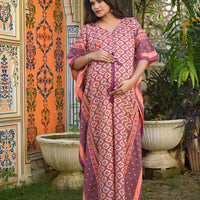 Peach Purple Geometric Print Maternity & Feeding Kaftan Dress with Concealed Zipper