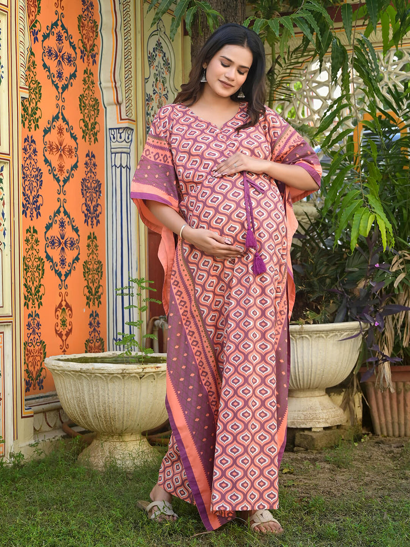 Peach Purple Geometric Print Maternity & Feeding Kaftan Dress with Concealed Zipper