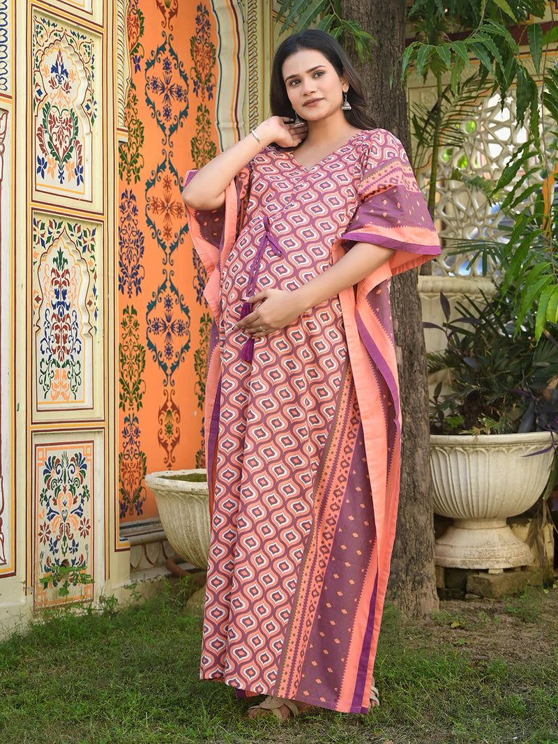 Peach Purple Geometric Print Maternity & Feeding Kaftan Dress with Concealed Zipper