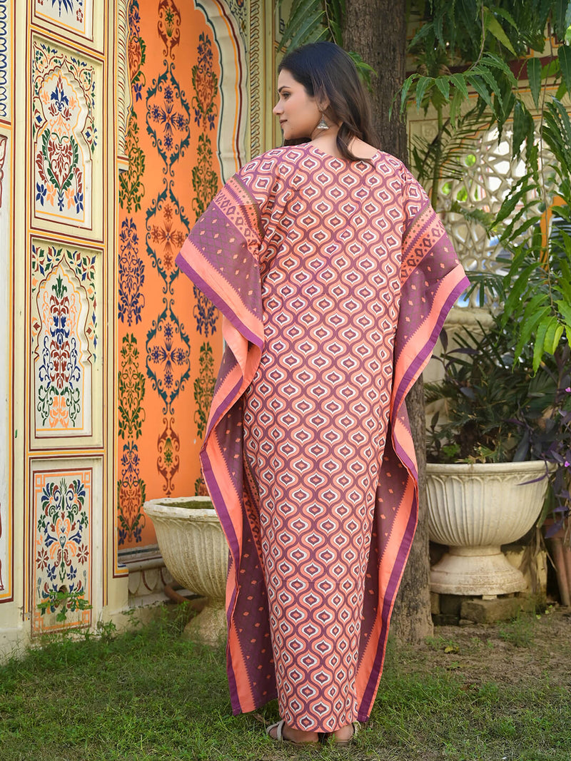 Peach Purple Geometric Print Maternity & Feeding Kaftan Dress with Concealed Zipper