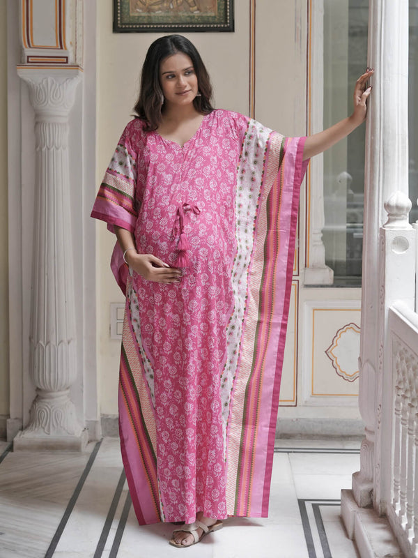 Fuchsia Ethnic Print Maternity & Feeding Kaftan Dress with Concealed Zipper