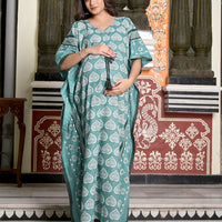 sage Green Ethnic Print Maternity & Feeding Kaftan Dress with Concealed Zipper
