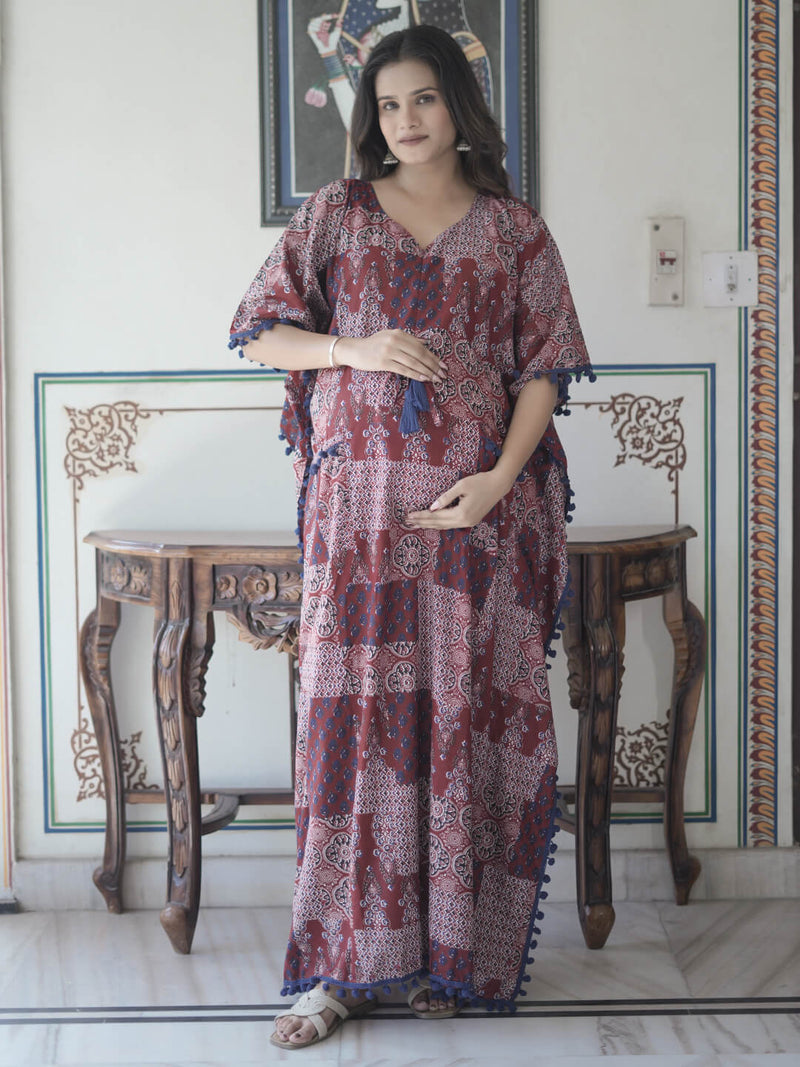 Maroon Ethnic Print Maternity & Feeding Kaftan Dress with Concealed Zipper