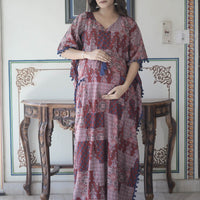 Maroon Ethnic Print Maternity & Feeding Kaftan Dress with Concealed Zipper