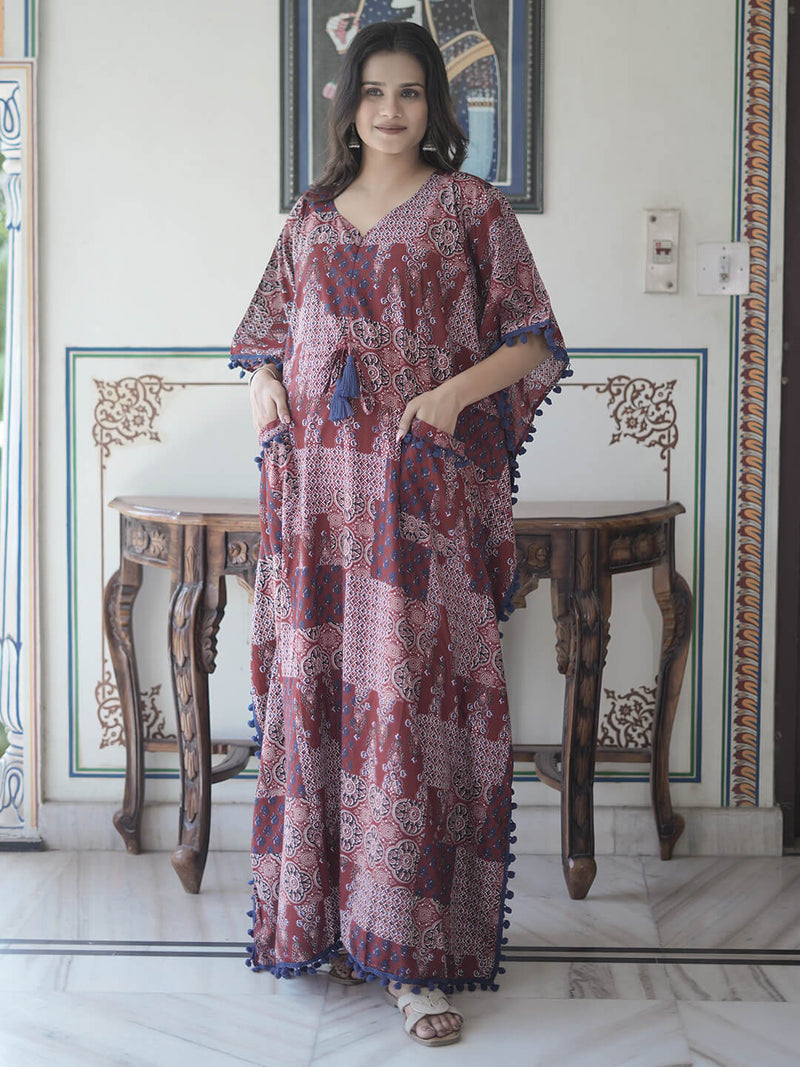Maroon Ethnic Print Maternity & Feeding Kaftan Dress with Concealed Zipper