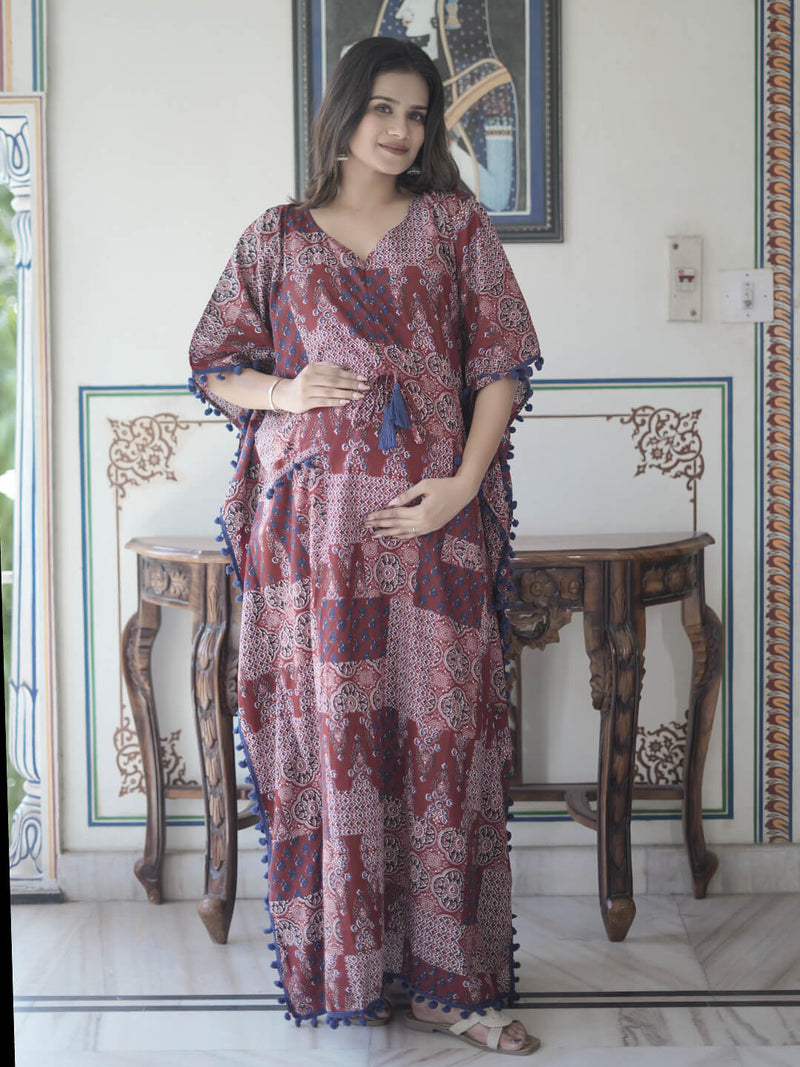 Maroon Ethnic Print Maternity & Feeding Kaftan Dress with Concealed Zipper