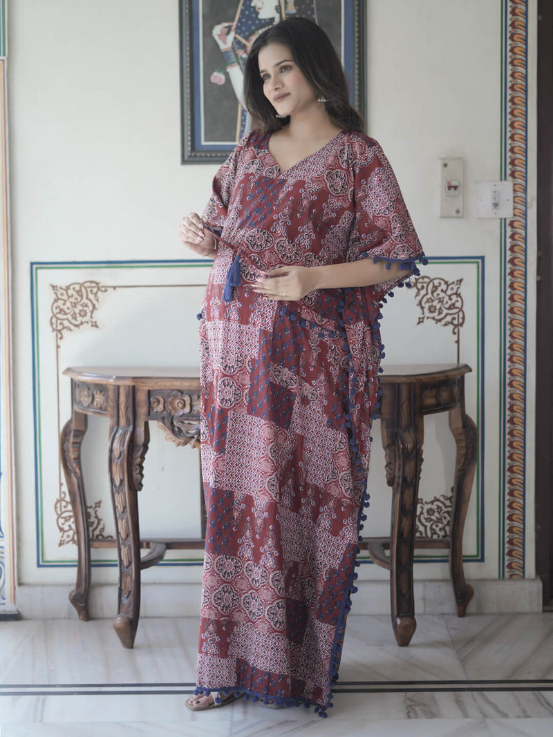 Maroon Ethnic Print Maternity & Feeding Kaftan Dress with Concealed Zipper