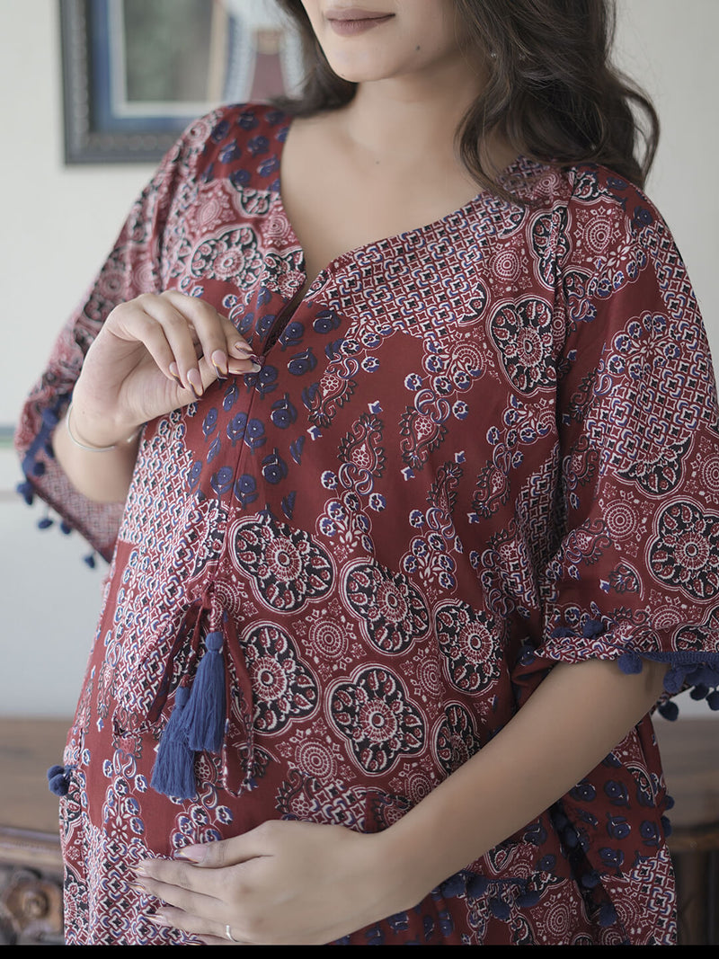 Maroon Ethnic Print Maternity & Feeding Kaftan Dress with Concealed Zipper