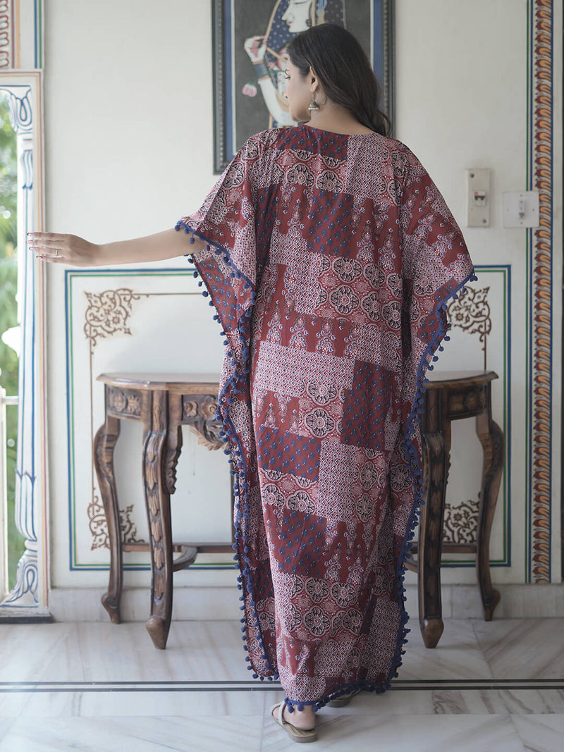 Maroon Ethnic Print Maternity & Feeding Kaftan Dress with Concealed Zipper