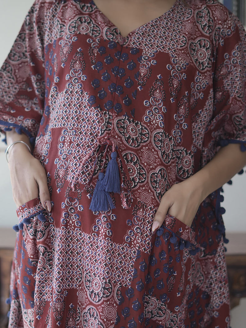Maroon Ethnic Print Maternity & Feeding Kaftan Dress with Concealed Zipper