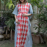 Red Grey Ethnic Print Maternity & Feeding Kaftan Dress with Concealed Zipper
