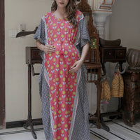 Peach Black Ethnic Print Maternity & Feeding Kaftan Dress with Concealed Zipper
