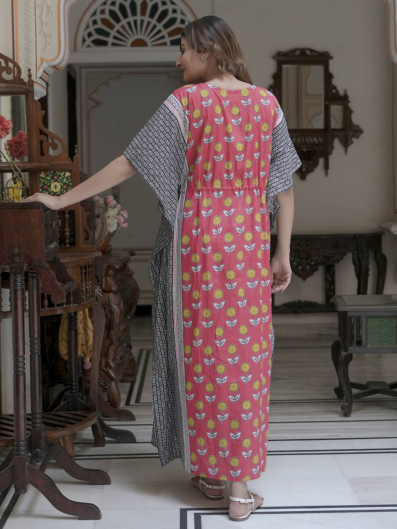 Peach Black Ethnic Print Maternity & Feeding Kaftan Dress with Concealed Zipper