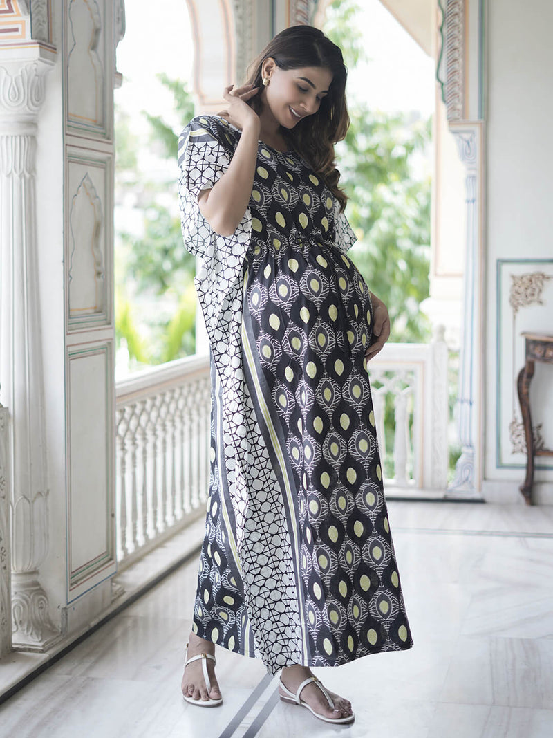 Black White Geometric Print Maternity & Feeding Kaftan Dress with Concealed Zipper