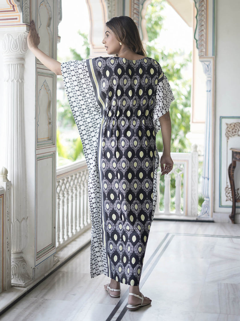 Black White Geometric Print Maternity & Feeding Kaftan Dress with Concealed Zipper