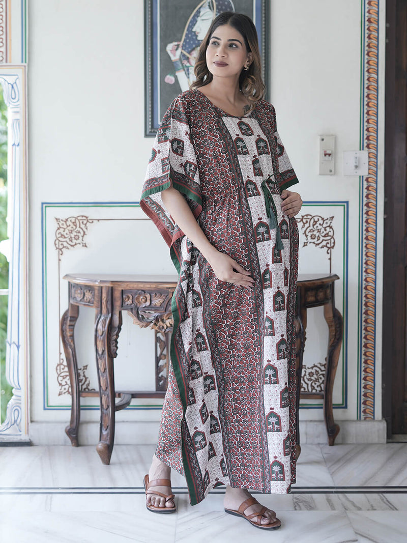 Bottle Green Ethnic Print Maternity & Feeding Kaftan Dress with Concealed Zipper