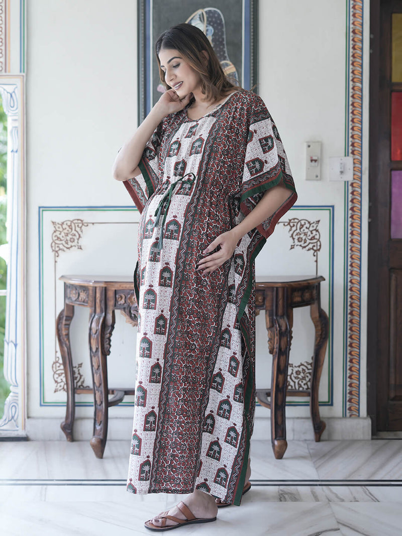 Bottle Green Ethnic Print Maternity & Feeding Kaftan Dress with Concealed Zipper