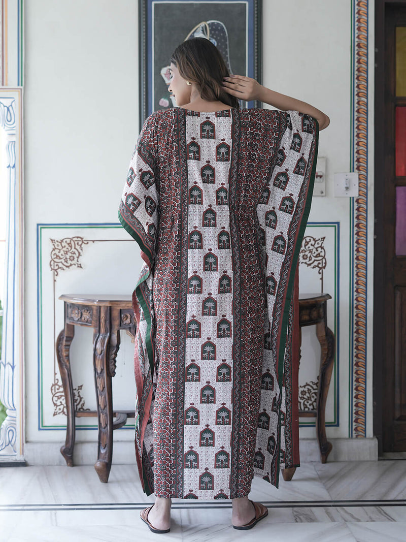Bottle Green Ethnic Print Maternity & Feeding Kaftan Dress with Concealed Zipper