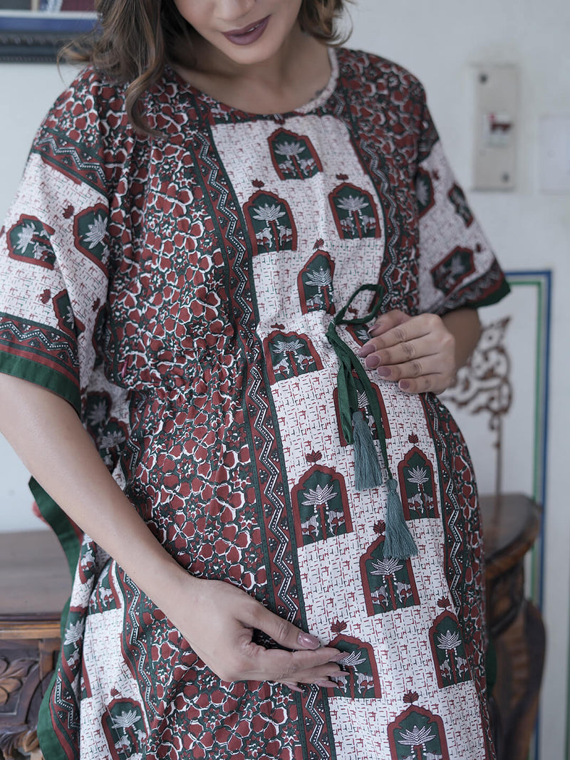 Bottle Green Ethnic Print Maternity & Feeding Kaftan Dress with Concealed Zipper