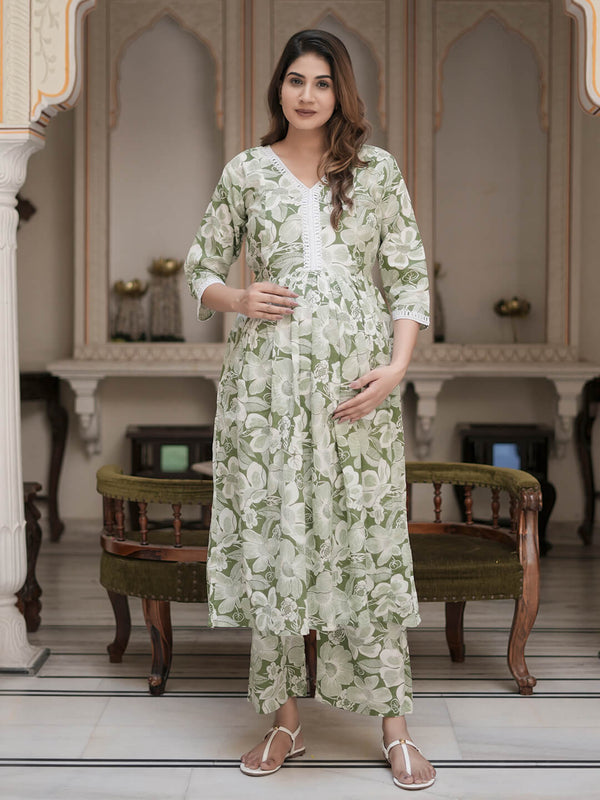 Sage Green Floral Print Cotton Maternity & Feeding Flare Kurta Set with Concealed Zipper