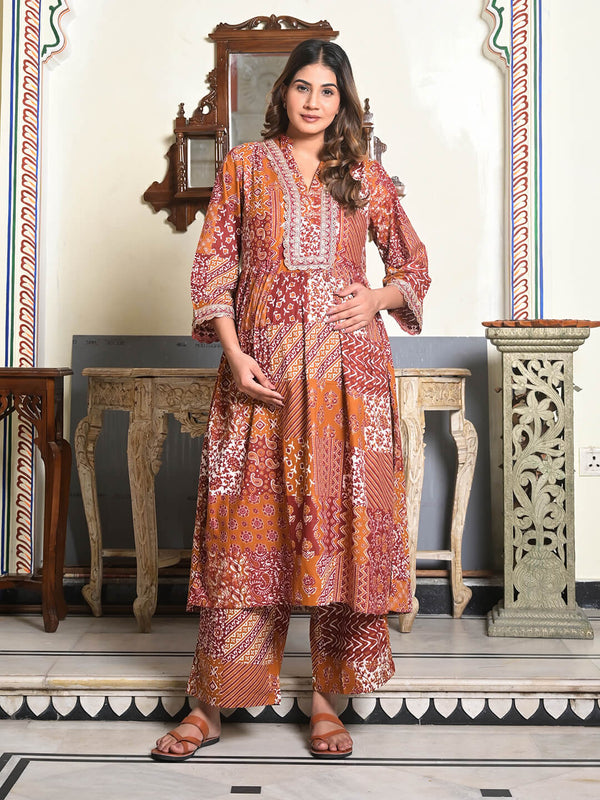 Rust Maroon Ethnic Print Cotton Maternity & Feeding Flare Kurta Set with Concealed Zipper