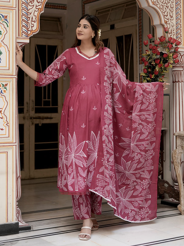 Fuchsia White Floral Print Cotton Maternity & Feeding-Friendly Flare Kurta Set with Dupatta