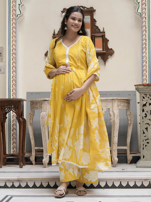 Yellow White Floral Print Cotton Maternity & Feeding-Friendly Flare Kurta Set with Dupatta