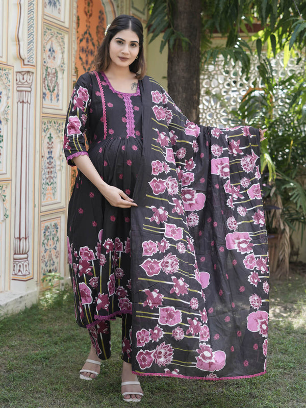 Black Pink Floral Print Cotton Maternity & Feeding-Friendly Flare Kurta Set with Dupatta
