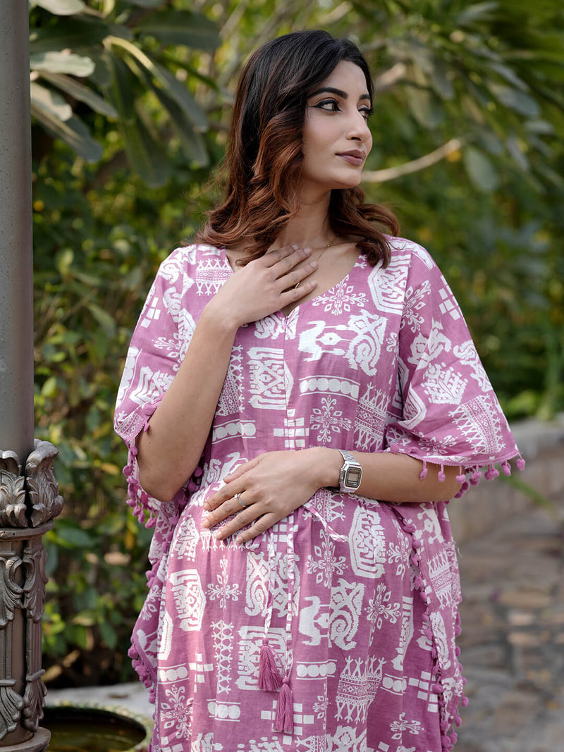 Mauve Ethnic Print Maternity & Feeding Kaftan Dress with Concealed Zipper