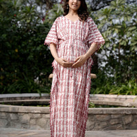White Brown Ethnic Print Maternity & Feeding Kaftan Dress with Concealed Zipper