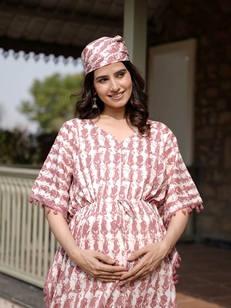 White Brown Ethnic Print Maternity & Feeding Kaftan Dress with Concealed Zipper