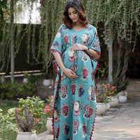 Turquoise Multi Ethnic Print Maternity & Feeding Kaftan Dress with Concealed Zipper
