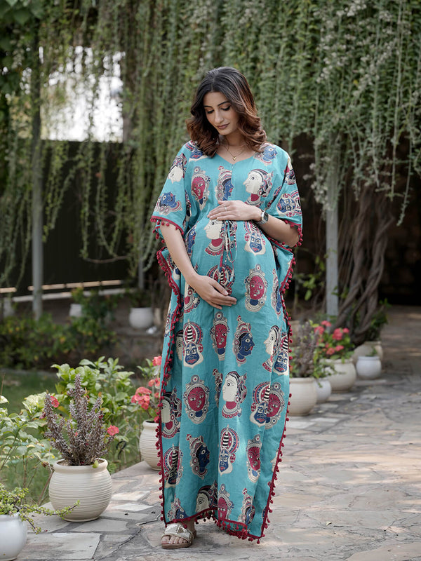 Turquoise Multi Ethnic Print Maternity & Feeding Kaftan Dress with Concealed Zipper