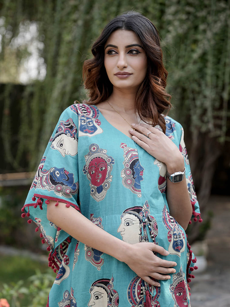 Turquoise Multi Ethnic Print Maternity & Feeding Kaftan Dress with Concealed Zipper