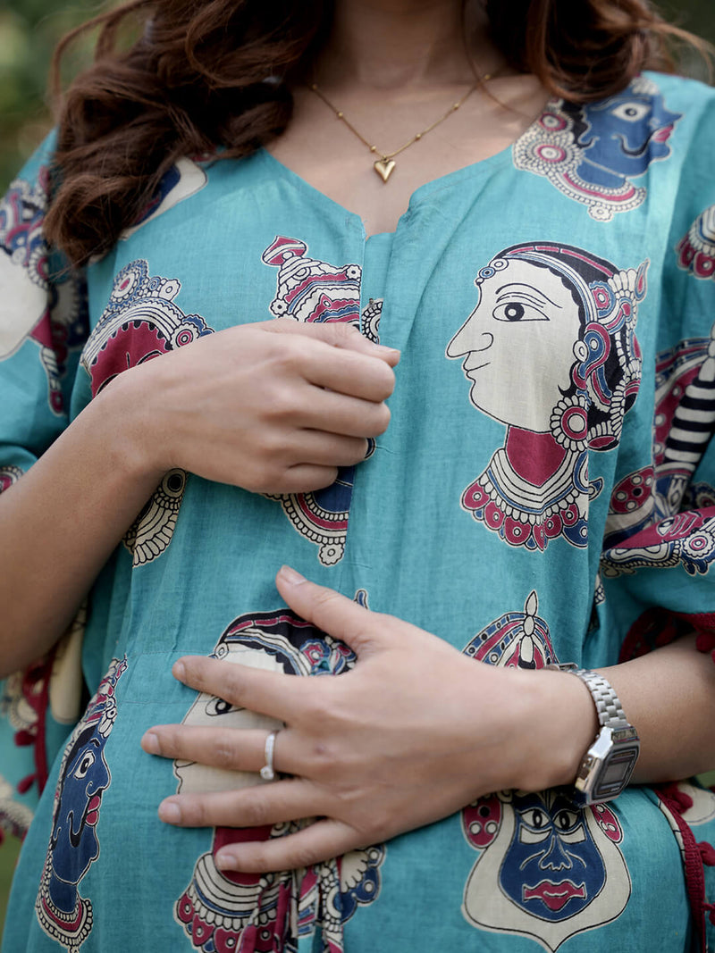 Turquoise Multi Ethnic Print Maternity & Feeding Kaftan Dress with Concealed Zipper