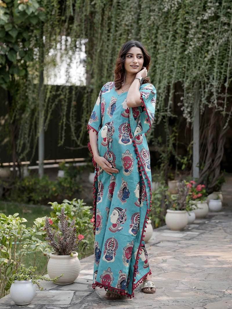 Turquoise Multi Ethnic Print Maternity & Feeding Kaftan Dress with Concealed Zipper