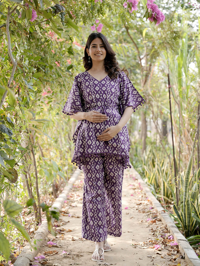 Purple Printed Cotton Maternity Feeding-Friendly Kaftan Night Suit