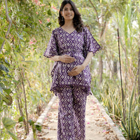 Purple Printed Cotton Maternity Feeding-Friendly Kaftan Night Suit