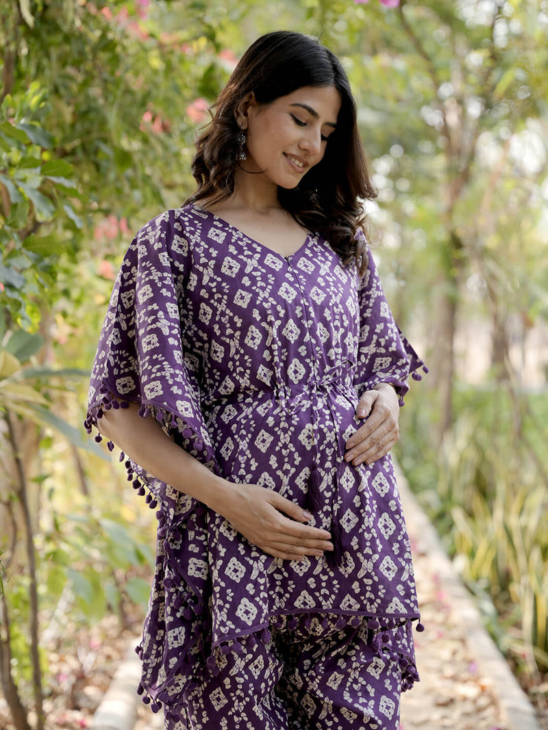 Purple Printed Cotton Maternity Feeding-Friendly Kaftan Night Suit