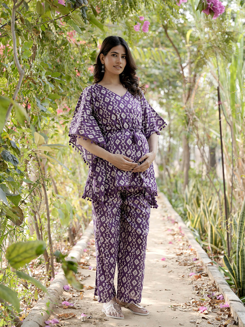 Purple Printed Cotton Maternity Feeding-Friendly Kaftan Night Suit