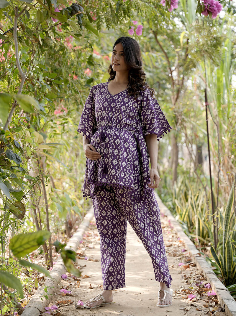 Purple Printed Cotton Maternity Feeding-Friendly Kaftan Night Suit