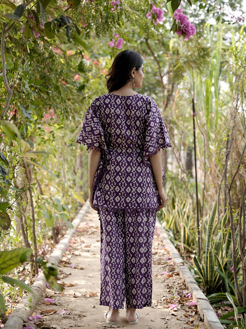 Purple Printed Cotton Maternity Feeding-Friendly Kaftan Night Suit