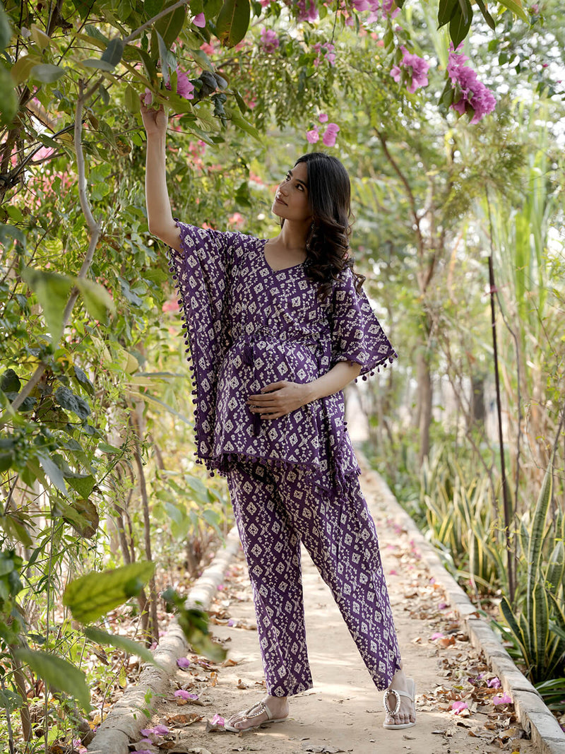 Purple Printed Cotton Maternity Feeding-Friendly Kaftan Night Suit