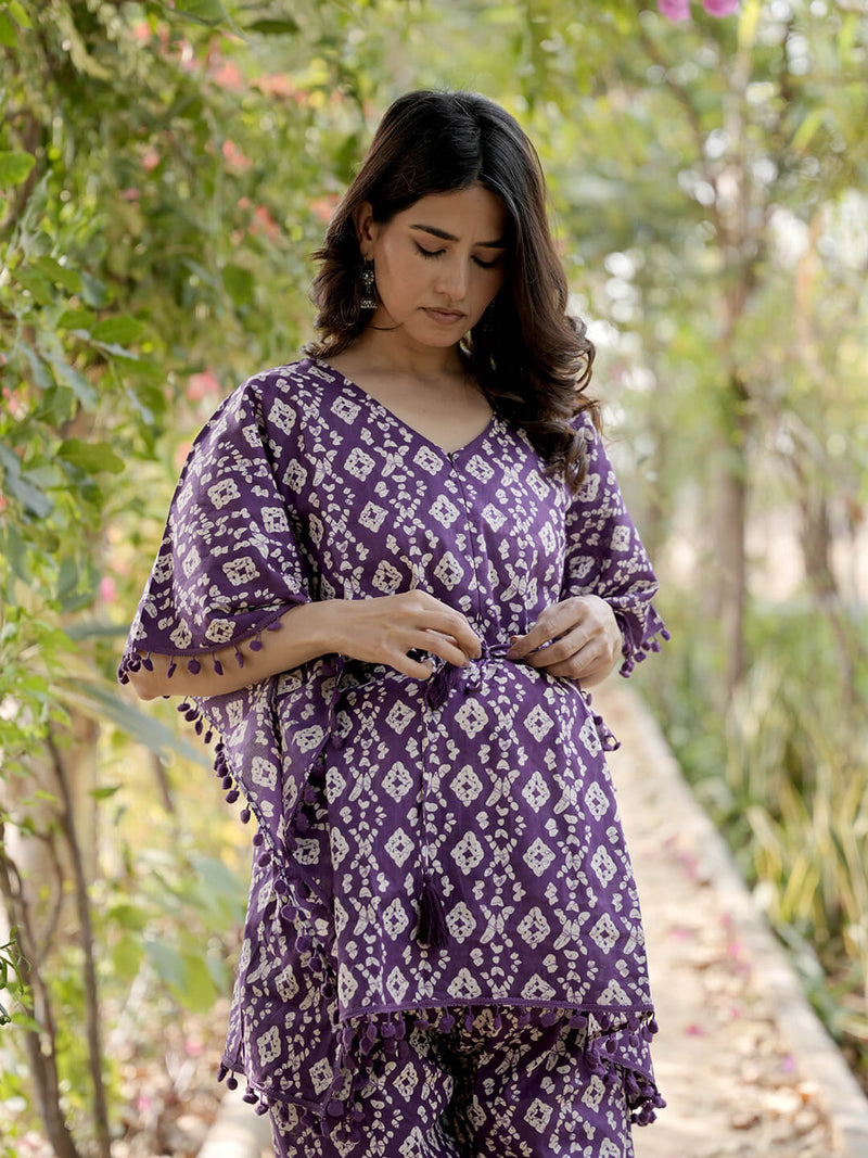 Purple Printed Cotton Maternity Feeding-Friendly Kaftan Night Suit