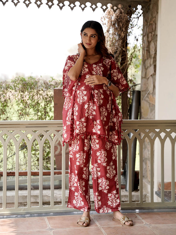 Maroon Printed Cotton Maternity Feeding-Friendly Kaftan Night Suit