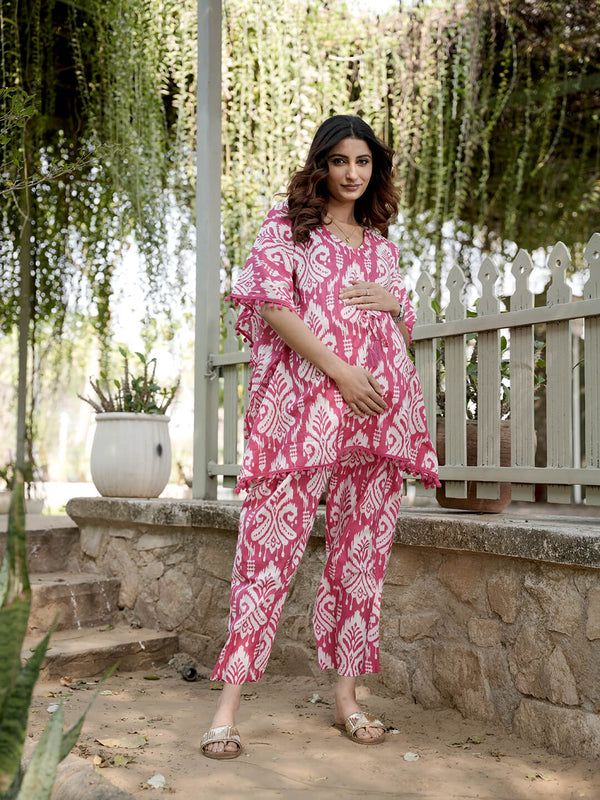 Fuchsia Printed Cotton Maternity Feeding-Friendly Kaftan Night Suit